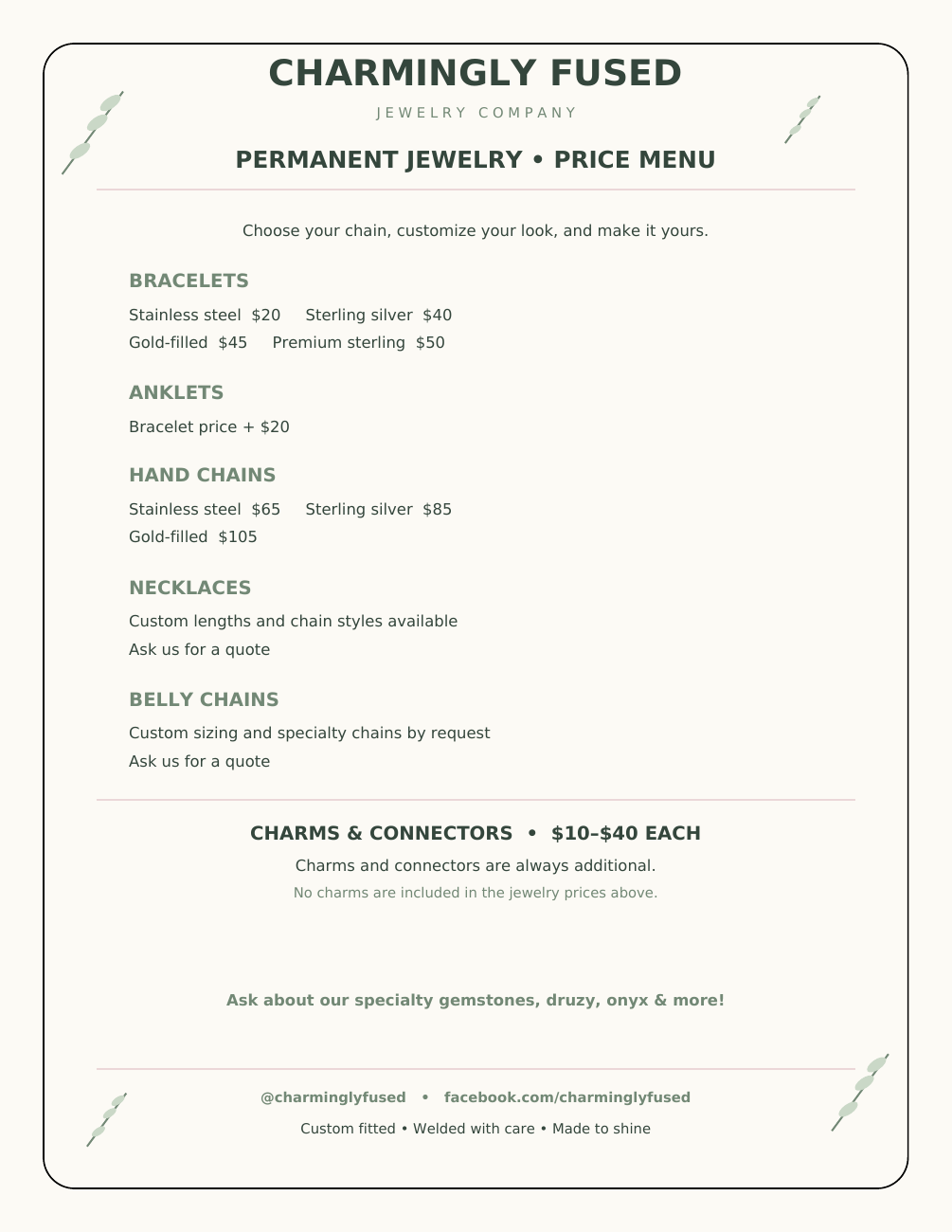 Current Charmingly Fused regular jewelry price menu